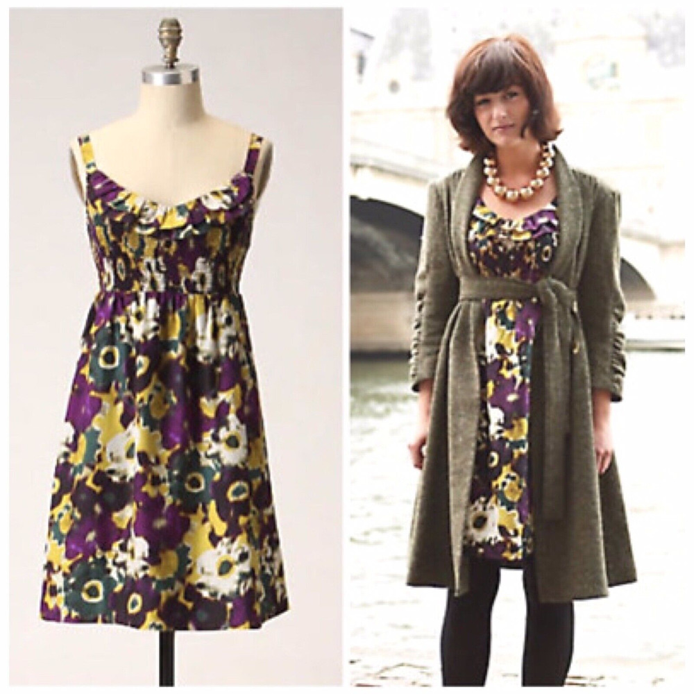 Anthropologie Maeve Pure Silk Giverny Watercolor Smocked Bodice Floral Dress - Picture 2 of 10